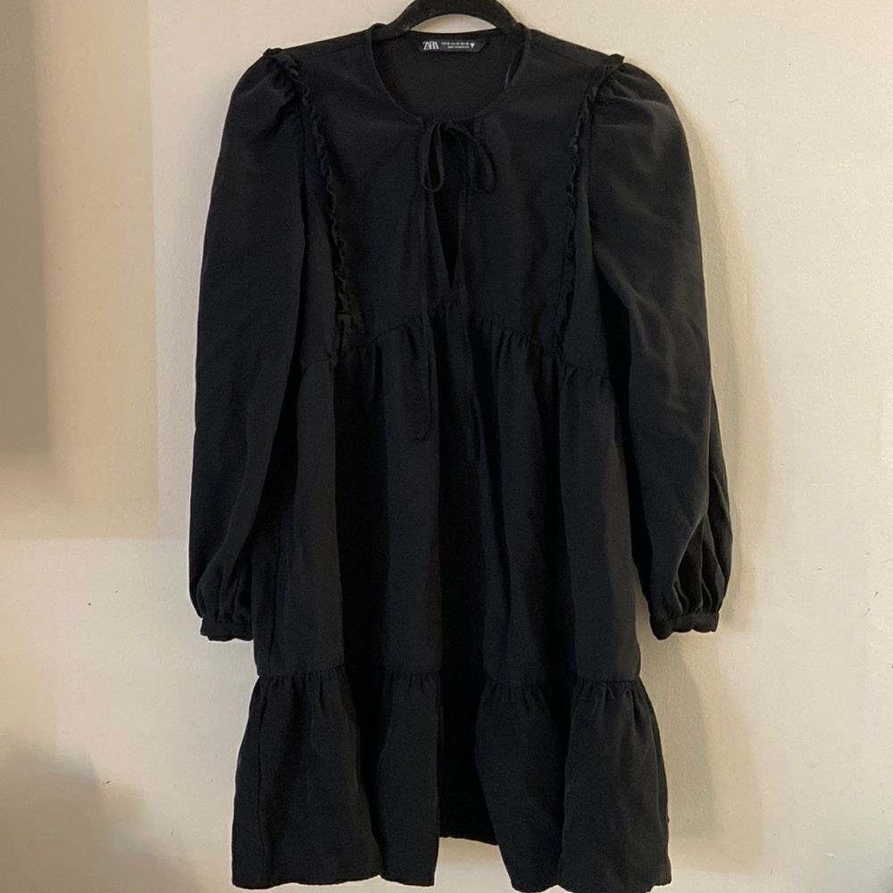 Zara Poplin Tier Ruffle Black Dress XS